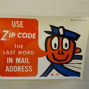 USPS -Mr. Zip USPS Decal - Sticker - Vintage POD Sign 54 - May 1963 - New/Unused